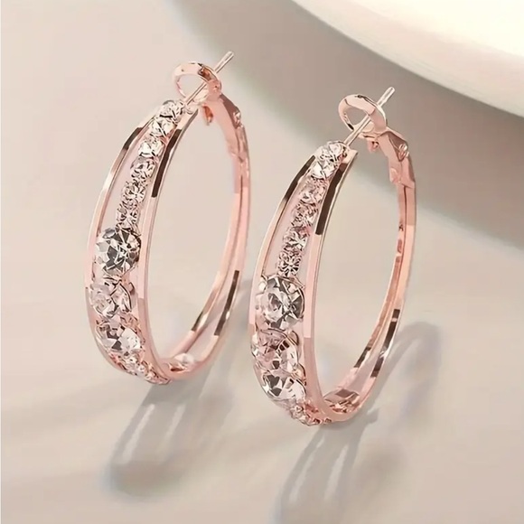 Rose Gold Rhinestone Hoop Earrings - Picture 3 of 3